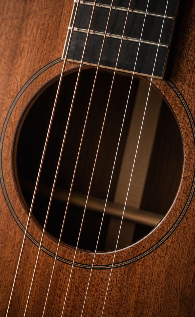 Close-up of an acoustic guitar soundhole, strings, rosette, and fretboard