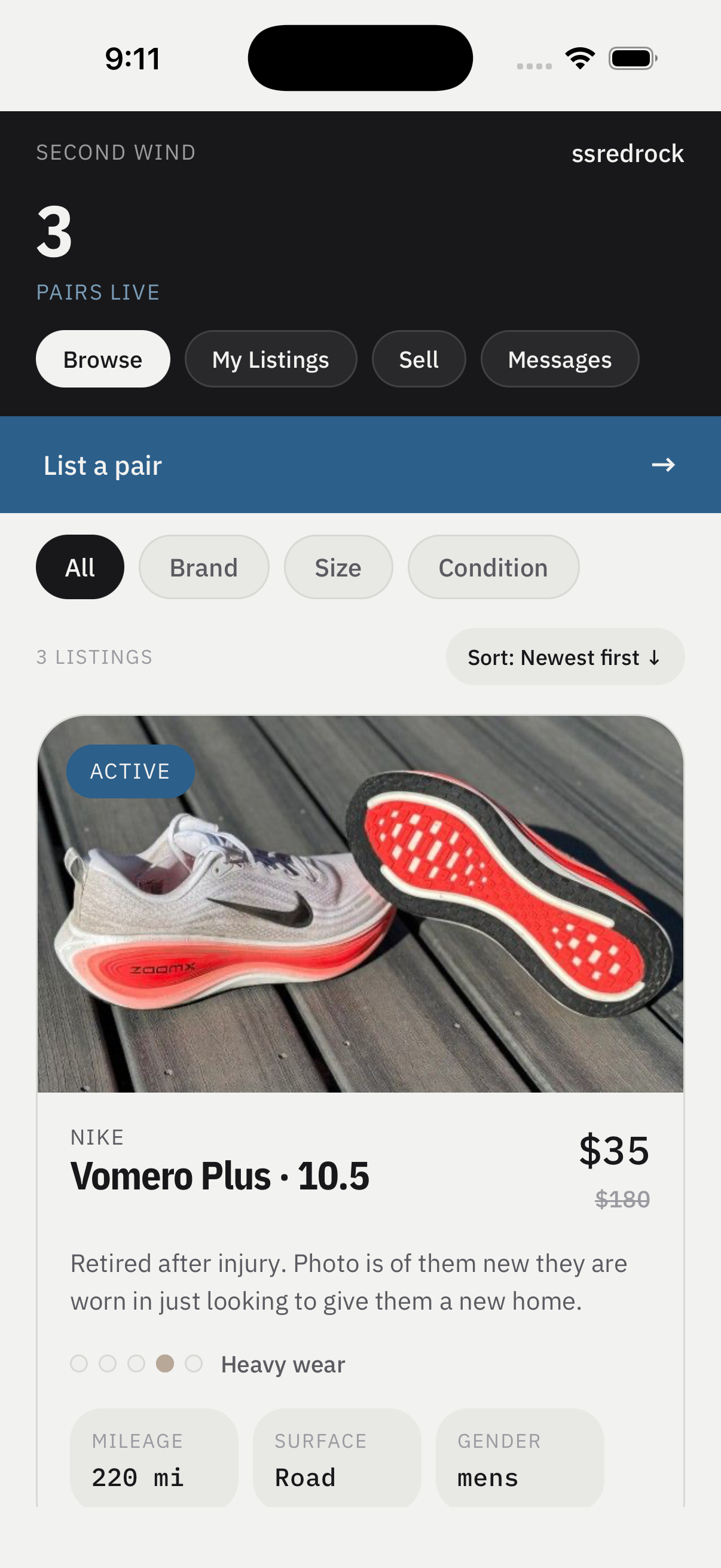 Second Wind app screenshot showing the browse view with a Nike Vomero Plus listing